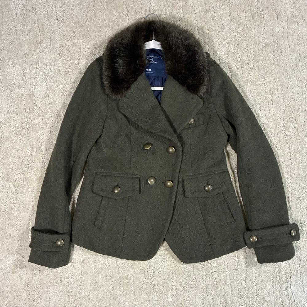 American Eagle Y2K Women M Wool Green Faux Fur Military Field Jacket Grunge Prep